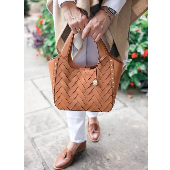 NEW Brahmin Carla Tan Nelani Medium Zig Zag Woven Leather Satchel Caramel Color - Picture 2 of 12